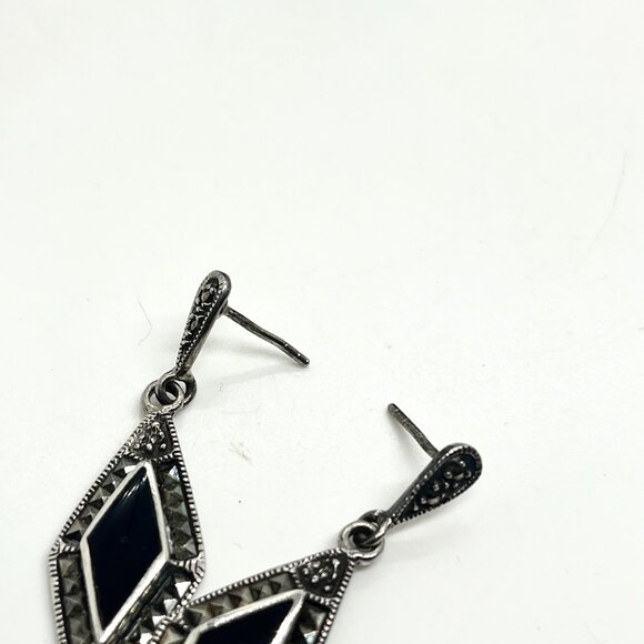 VINTAGE 925 STERLING SILVER MARCASITE ONYX DROP EARRINGS PIERCED ART DECO - Picture 11 of 15